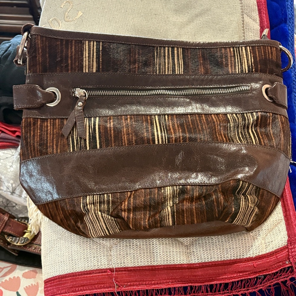 Innué Genuine Leather Handbag – Made in Italy – Brown Striped Shoulder Bag